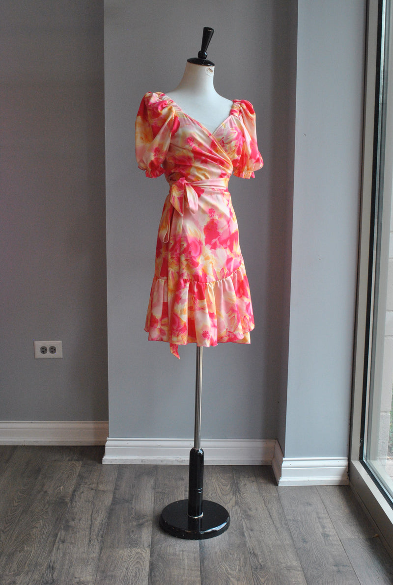 ORANGE MULTI SUMMER WRAP DRESS WITH SHORT SLEEVES Le Obsession Boutique