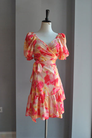 ORANGE MULTI SUMMER WRAP DRESS WITH SHORT SLEEVES