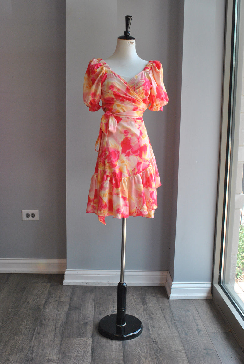 ORANGE MULTI SUMMER WRAP DRESS WITH SHORT SLEEVES