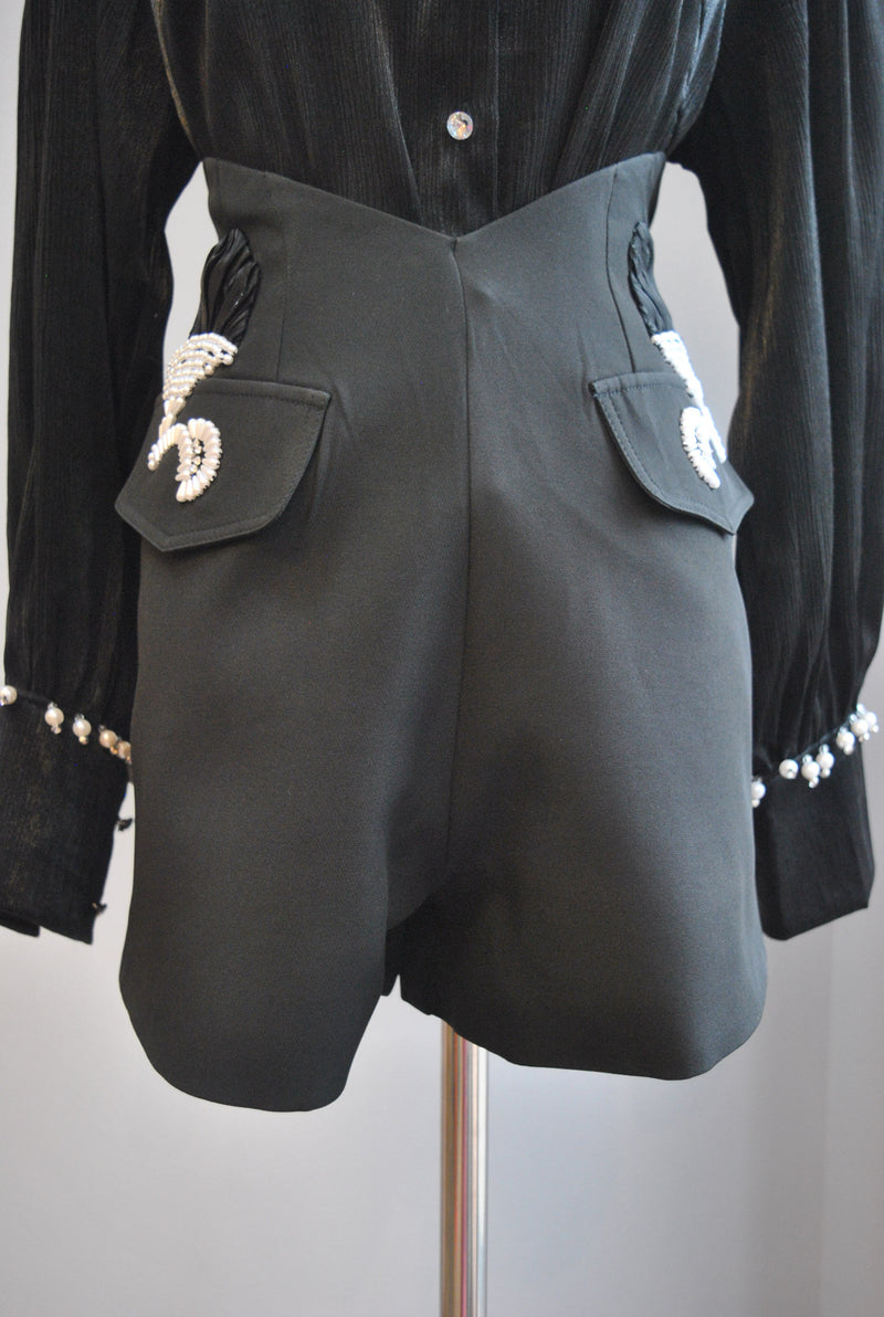 BLACK SHORTS WITH PEARLS AND RHINESTONES