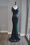 NAVY BLUE AND EMERALD GREEN SEQUIN EVENING GOWN