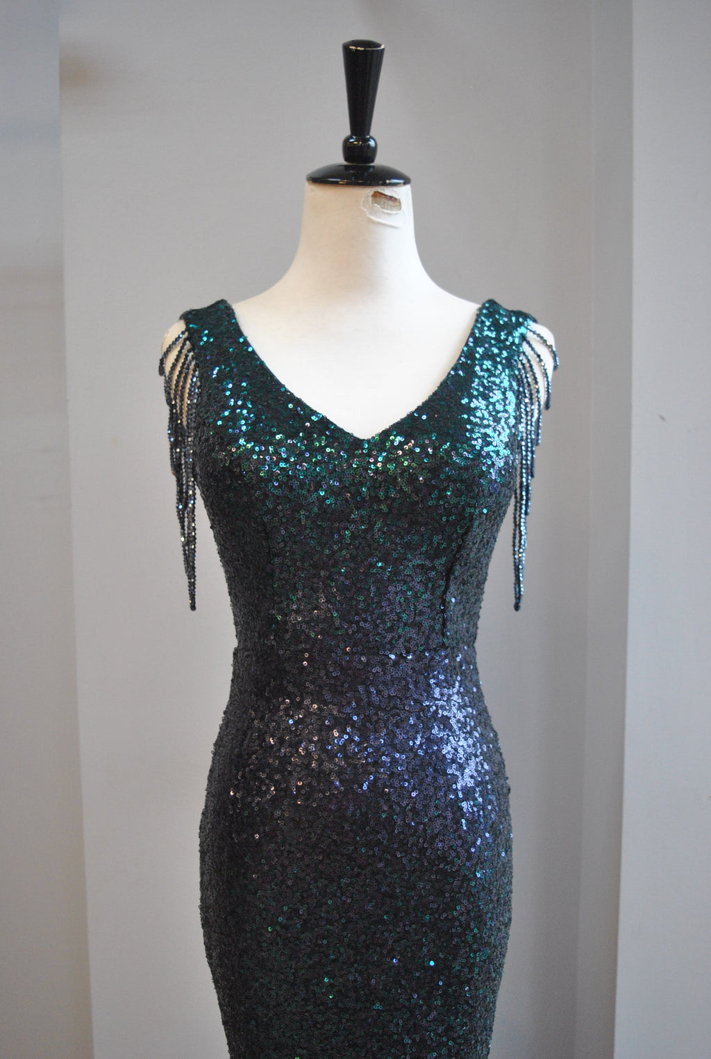 NAVY BLUE AND EMERALD GREEN SEQUIN EVENING GOWN