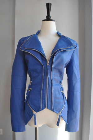 COBALT BLUE FAXU LEATHER FIT JACKET