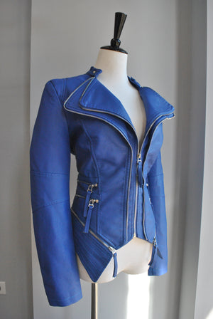 COBALT BLUE FAXU LEATHER FIT JACKET