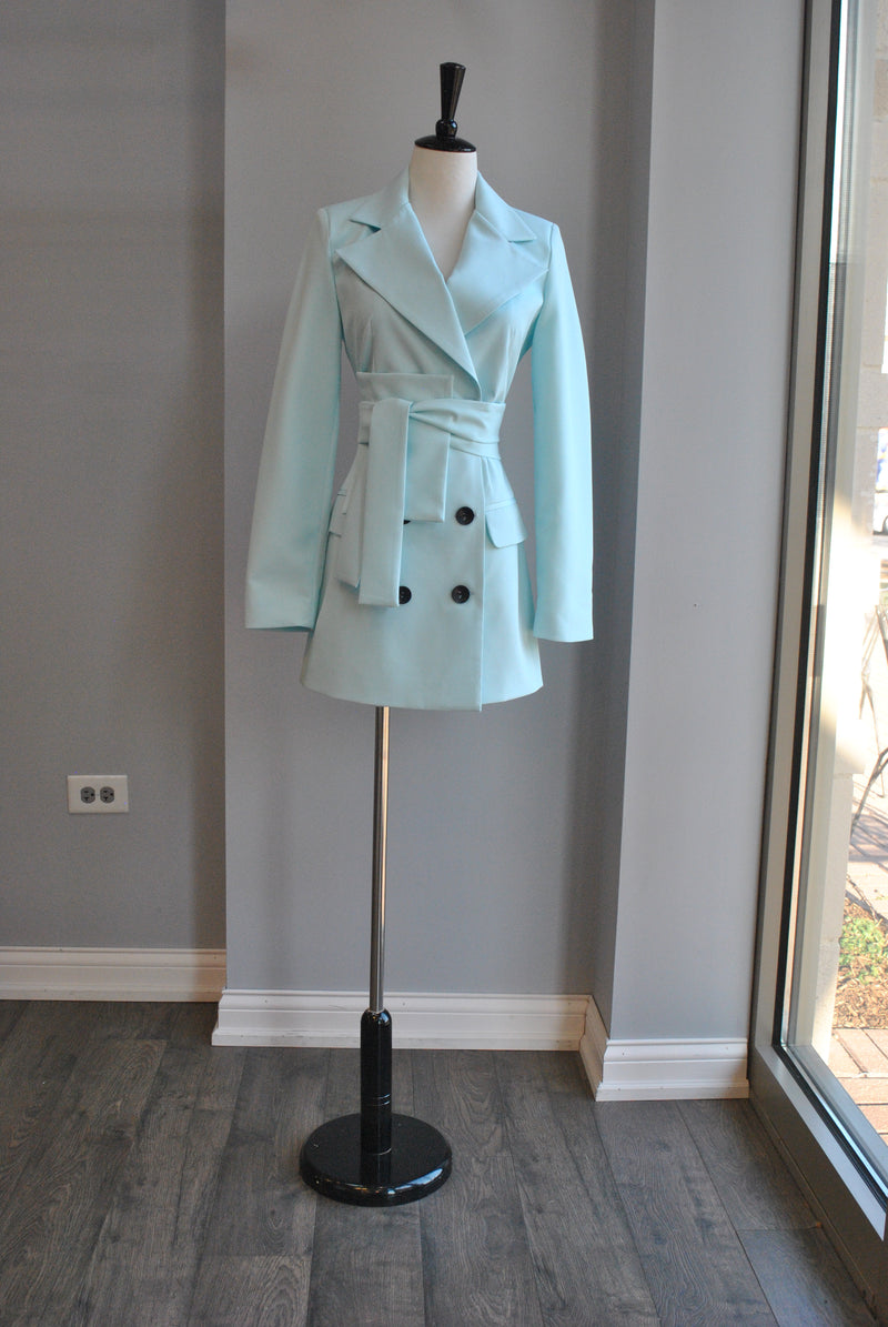 AQUA BLUE DOUBLE BREASTED FIT JACKET WIT A BELT