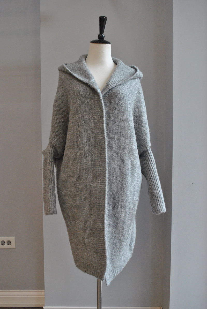 GREY OVERSIZED OPEN STYLE SWEATER CARDIGAN WITH A HOODIE
