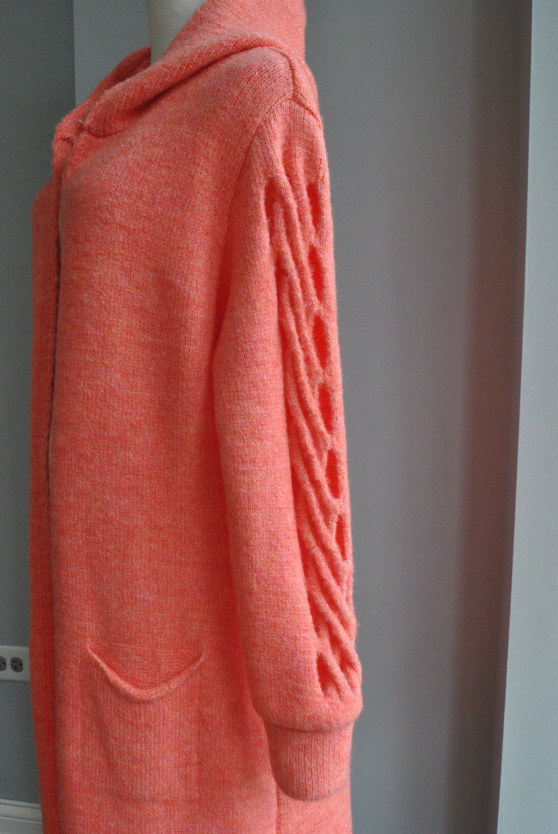 ELECTRIC ORANGE LONG OPEN STYLE SWEATER CARDIGAN WITH A HOODIE AND STATEMENT SLEEVES