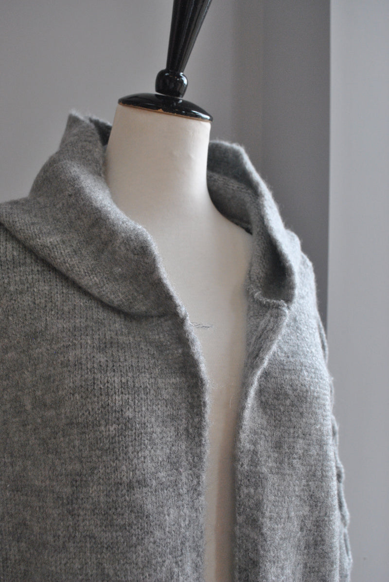 GREY OPEN STYLE LONG SWEATER CARDIGAN WITH A HOODIE AND STATEMENT SLEEVES