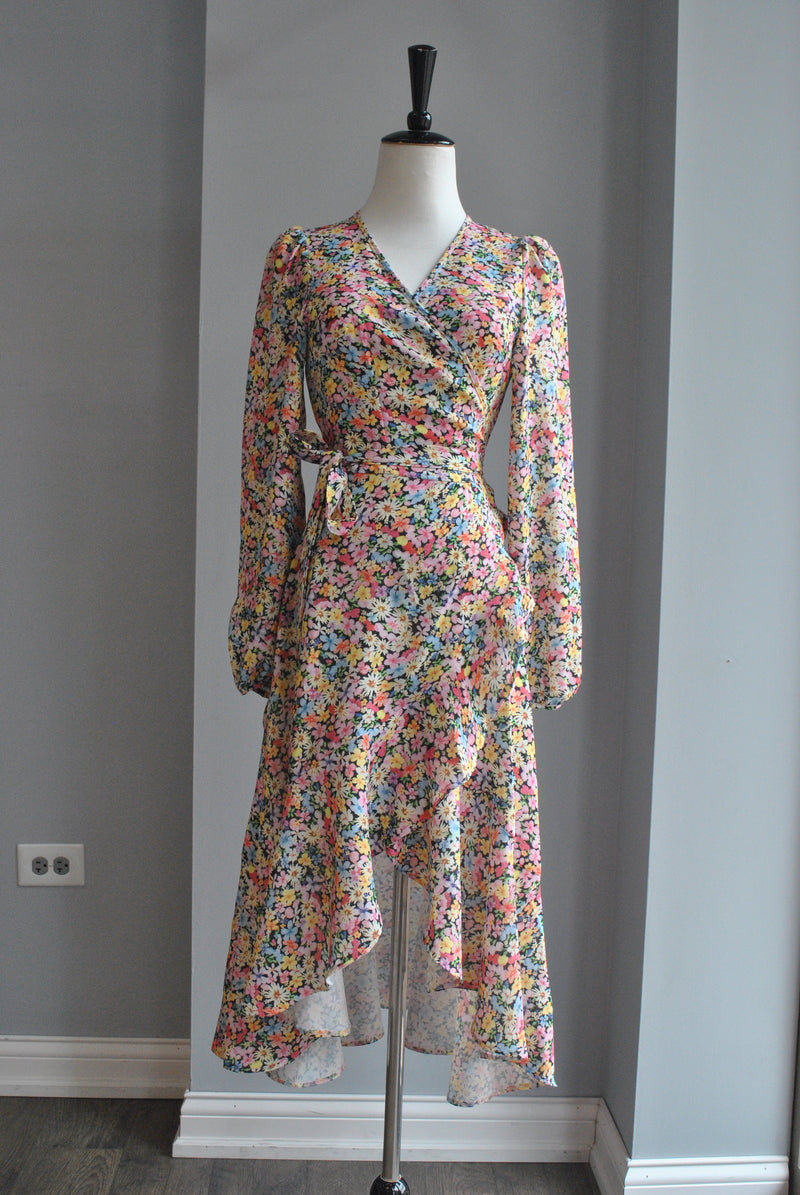 MULTICOLOR FLOWER PRINT HIGH AND LOW WRAP SUMMER DRESS