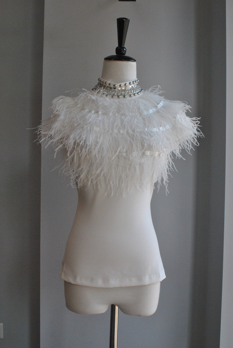 WHITE MESH TOP WITH FEATHERS