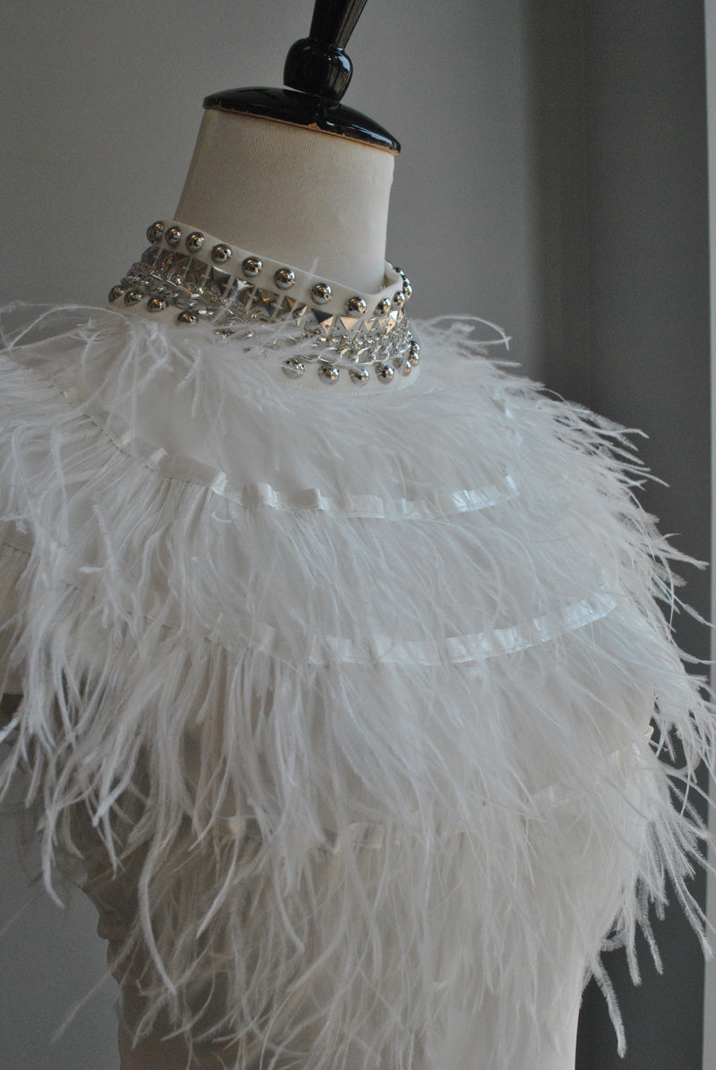 WHITE MESH TOP WITH FEATHERS