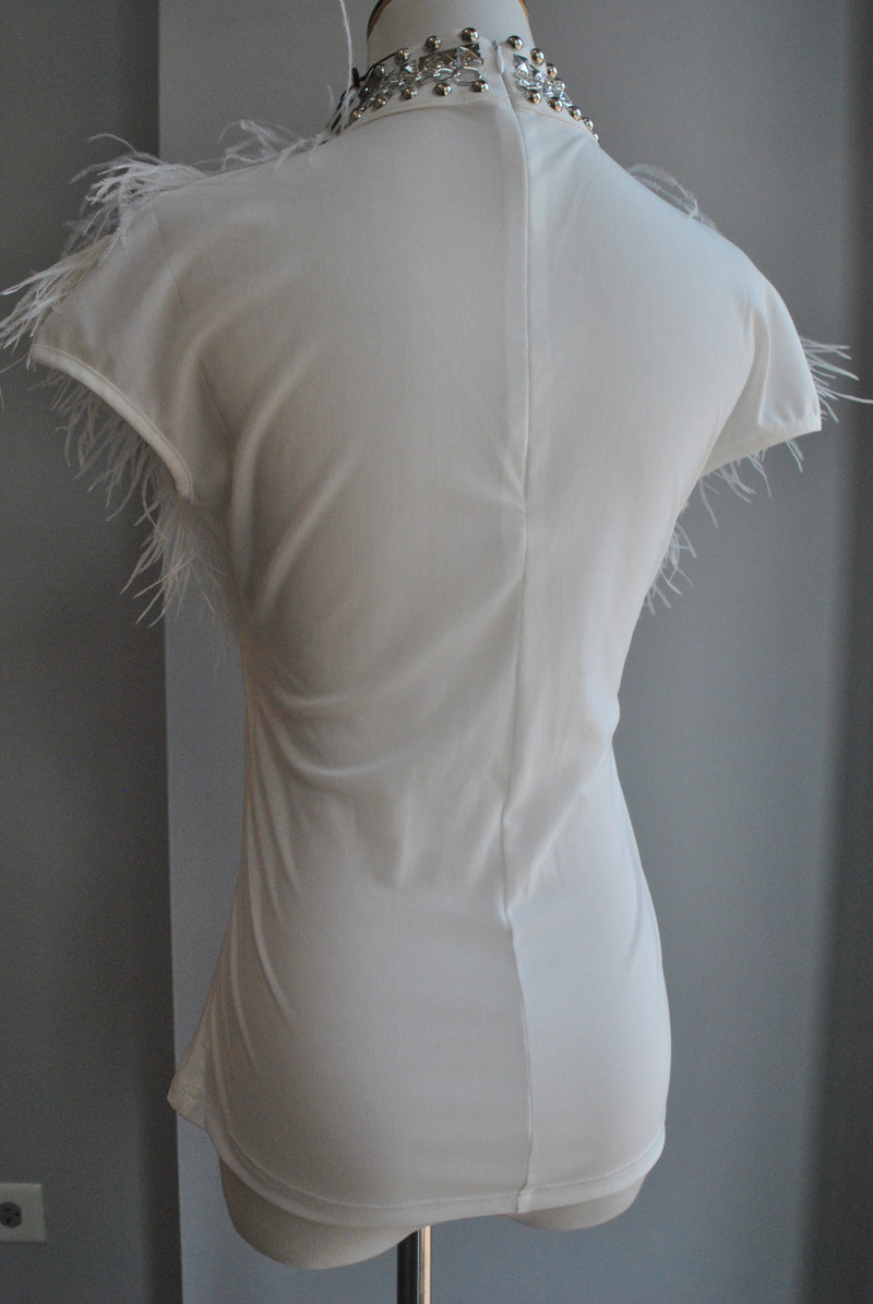 WHITE MESH TOP WITH FEATHERS