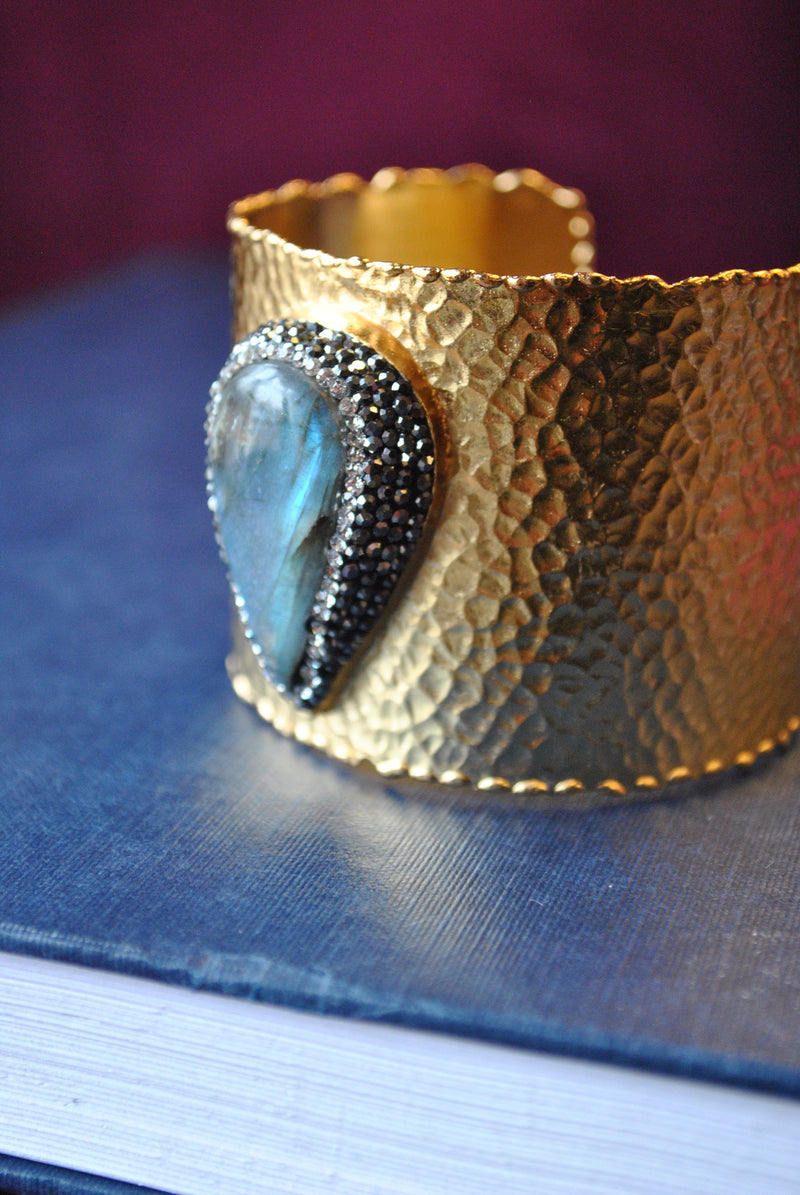 LABRADORITE AND SWAROVSKI CRYSTALS BRASS CUFF