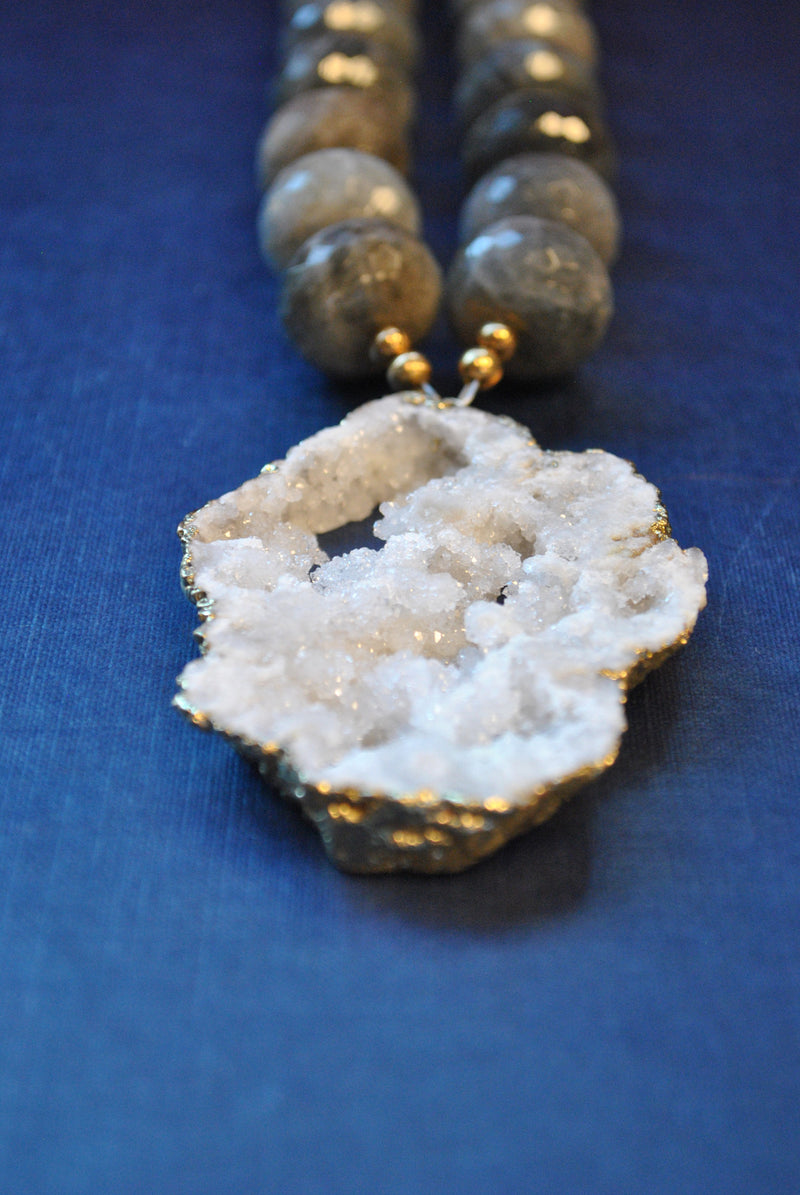 LABRADORITE RONDELLES AND WHITE DRUZY CRYSTALS STATEMENT NECKLACE