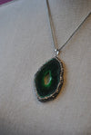 GREEN AGATE FREEFORM WITH SWAROVSKI CRYSTALS LONG CHAIN PENDANT