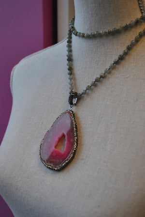 PINK AGATE FREEFORM AND LABRADORITE LONG PENDANT