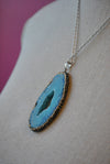 BLUE AGATE FREEFORM WITH SWAROVSKI CRYSTALS LONG CHAIN PENDANT
