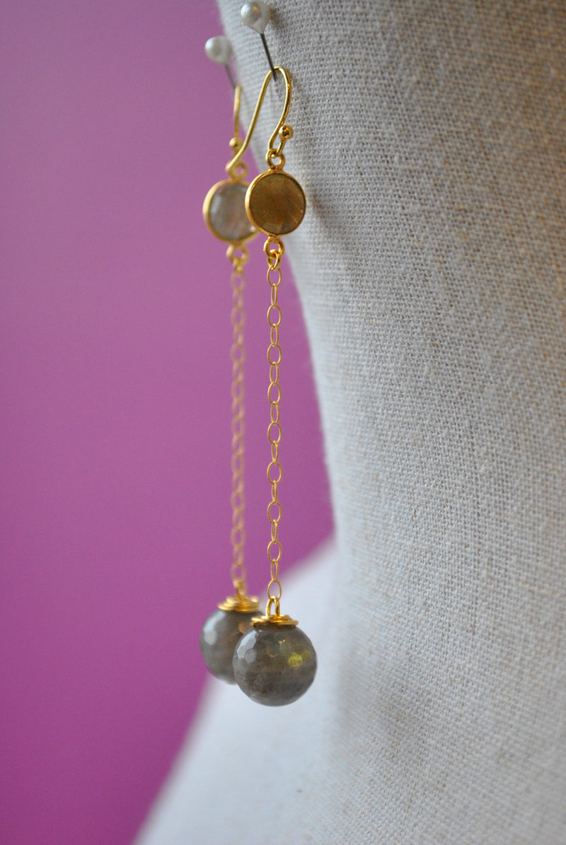 LABRADORITE ON GOLD LONG EARRINGS