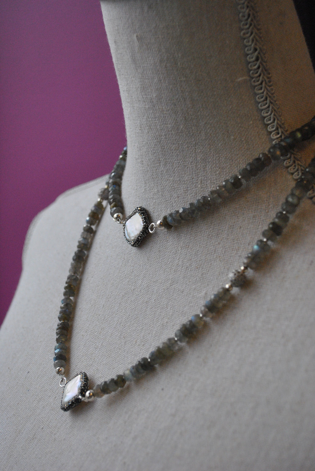 LABRADORITE AND MOTHER OF PEARLS LONG NECKLACE OR A WRAP BRACELET