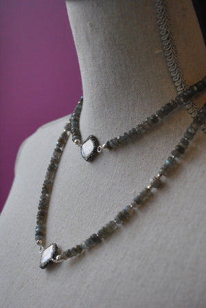 LABRADORITE AND MOTHER OF PEARLS LONG NECKLACE OR A WRAP BRACELET