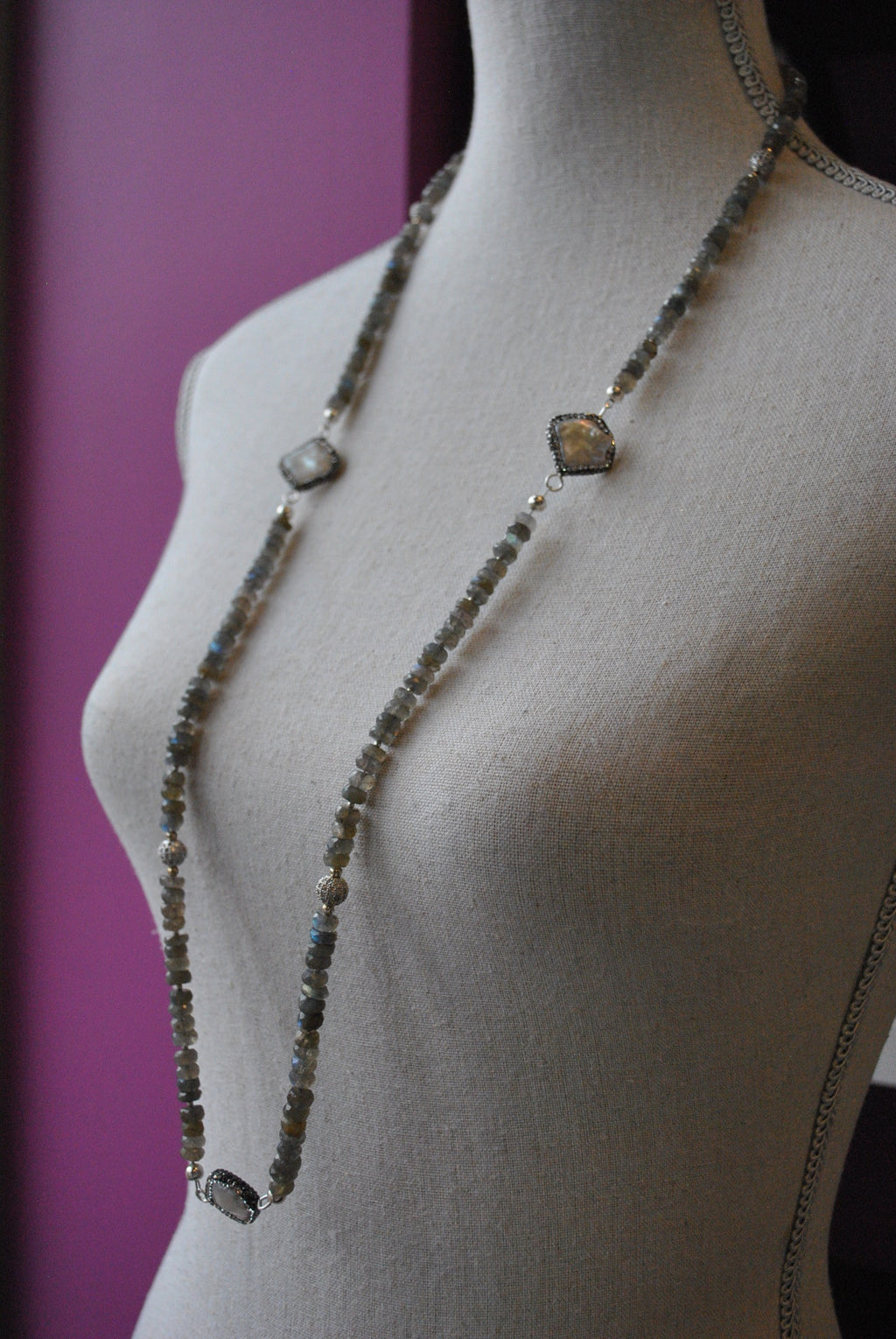 LABRADORITE AND MOTHER OF PEARLS LONG NECKLACE OR A WRAP BRACELET