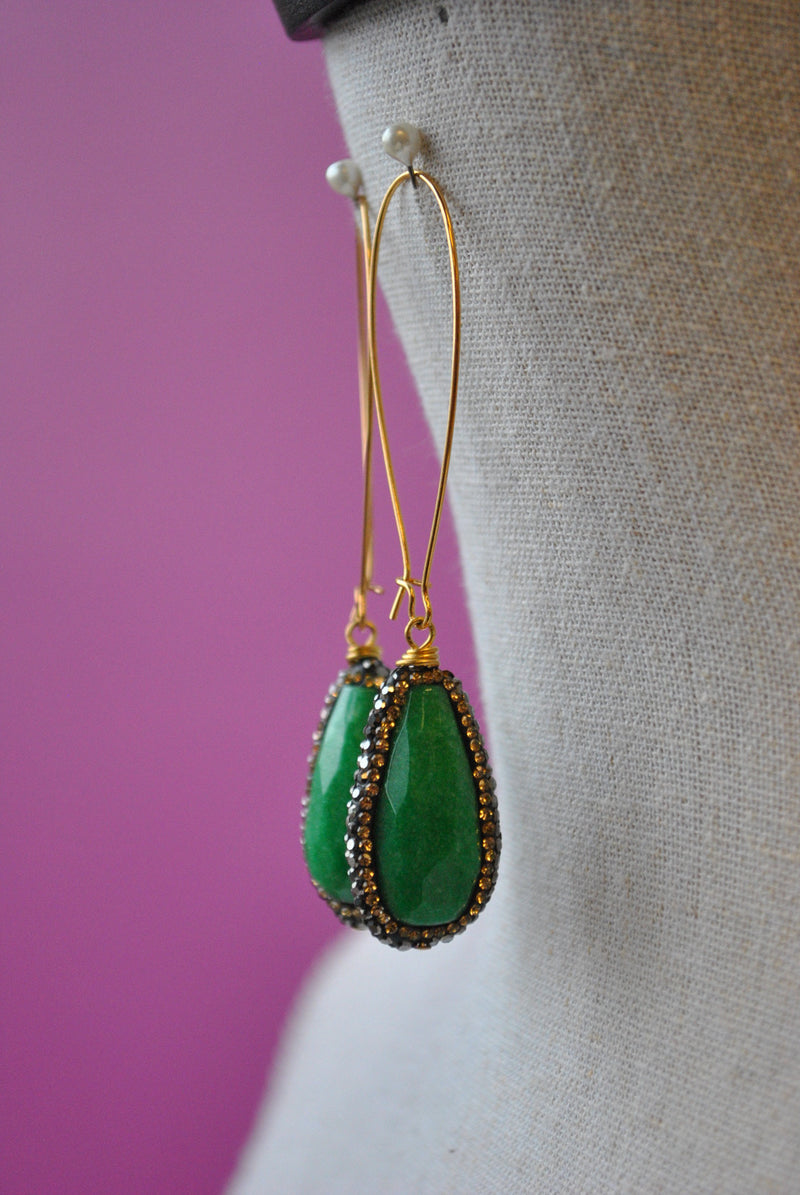 GREEN JADE AND SWAROVSKI CRYSTALS LONG STATEMENT EARRINGS