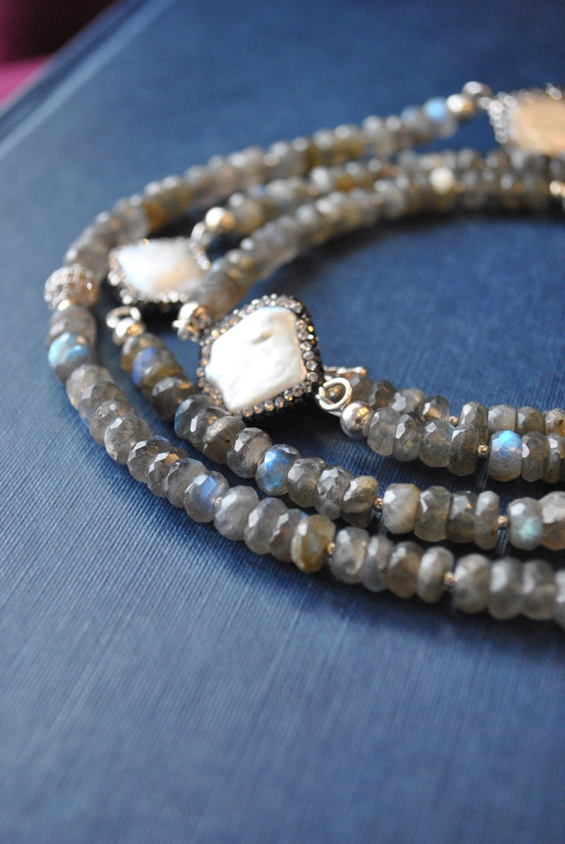 LABRADORITE AND MOTHER OF PEARLS LONG NECKLACE OR A WRAP BRACELET