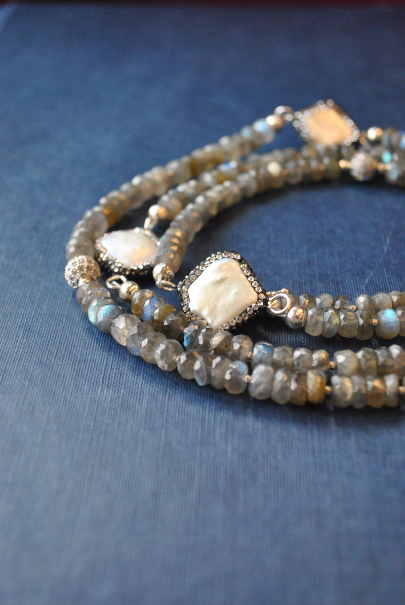 LABRADORITE AND MOTHER OF PEARLS LONG NECKLACE OR A WRAP BRACELET
