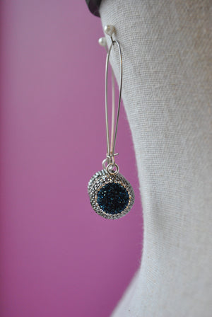 ROYAL BLUE DRUZY AND SWAROVSKI CRYSTALS LONG EARRINGS
