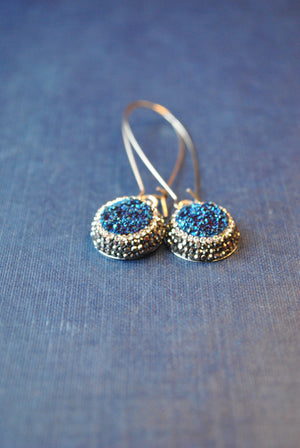 ROYAL BLUE DRUZY AND SWAROVSKI CRYSTALS LONG EARRINGS