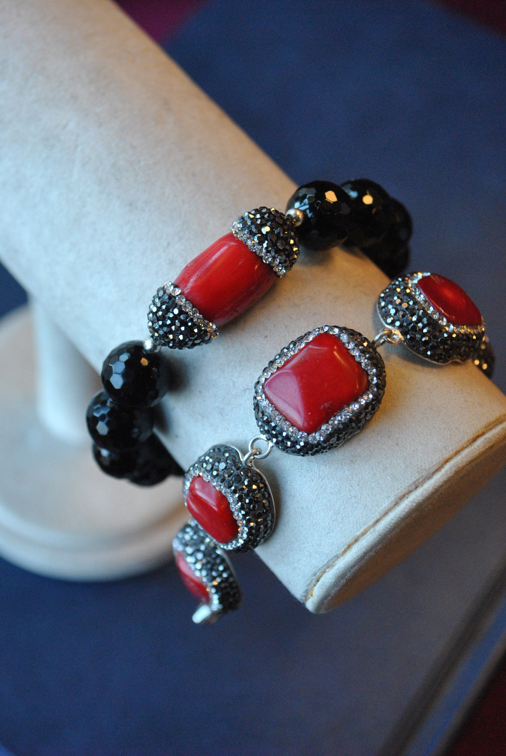 CORAL AND BLACK ONYX WITH SWAROVSKI CRYSTALS BRACELET SET