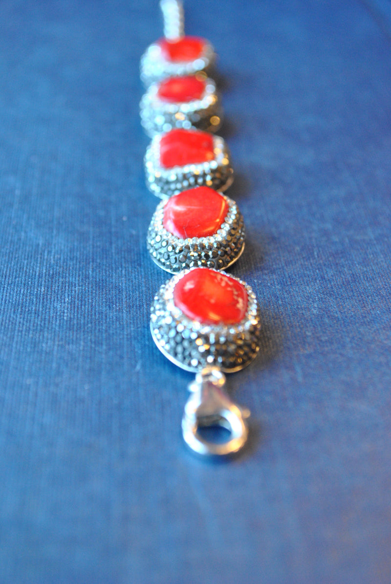 CORAL AND BLACK ONYX WITH SWAROVSKI CRYSTALS BRACELET SET