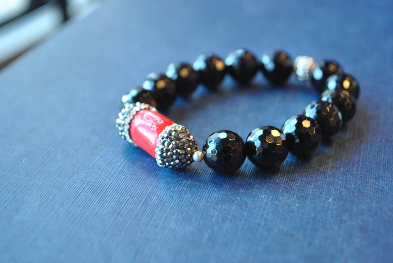 CORAL AND BLACK ONYX WITH SWAROVSKI CRYSTALS BRACELET SET