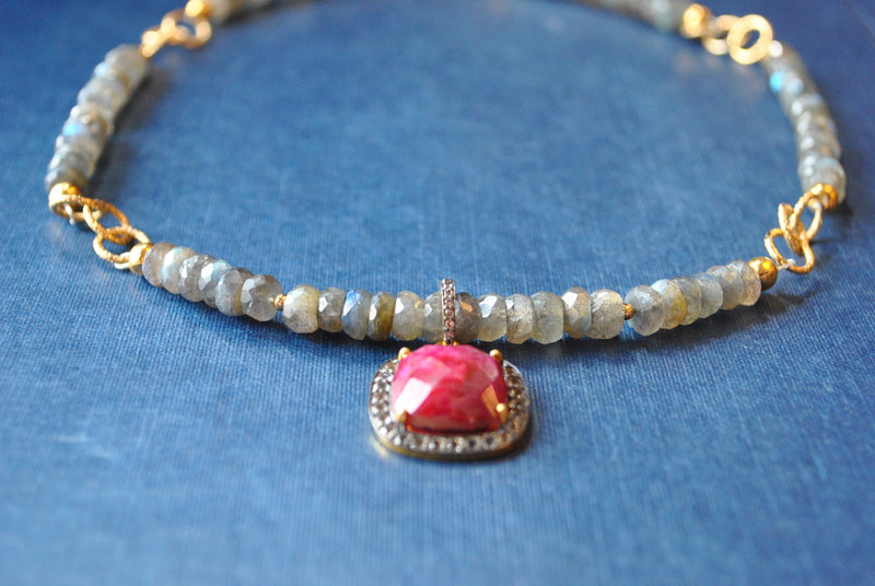 LABRADORITE AND RUBY PENDANT GOLD NECKLACE