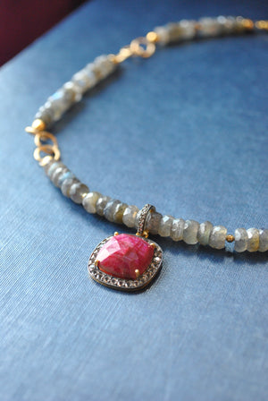 LABRADORITE AND RUBY PENDANT GOLD NECKLACE