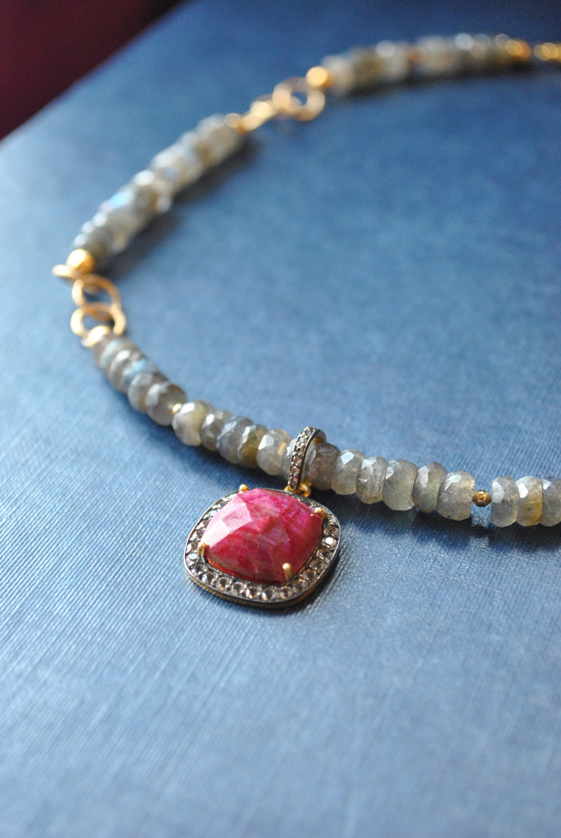 LABRADORITE AND RUBY PENDANT GOLD NECKLACE