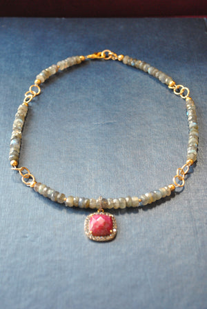 LABRADORITE AND RUBY PENDANT GOLD NECKLACE