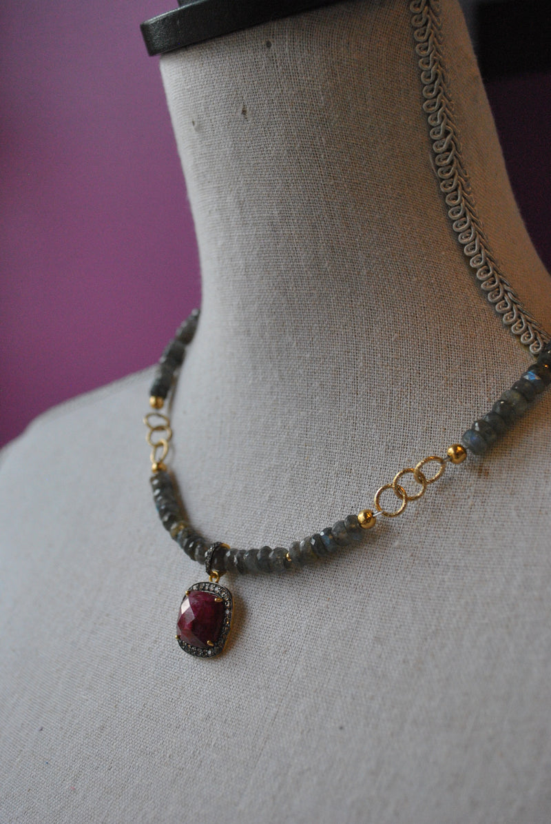 LABRADORITE AND RUBY PENDANT GOLD NECKLACE