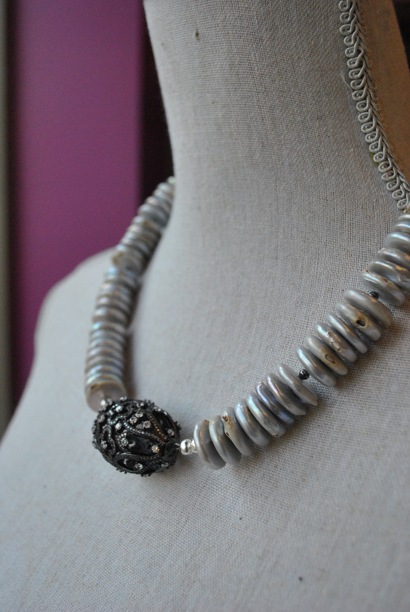 SILVER MOTHER OF PEARLS AND RHINESTONES STATEMENT NECKLACE