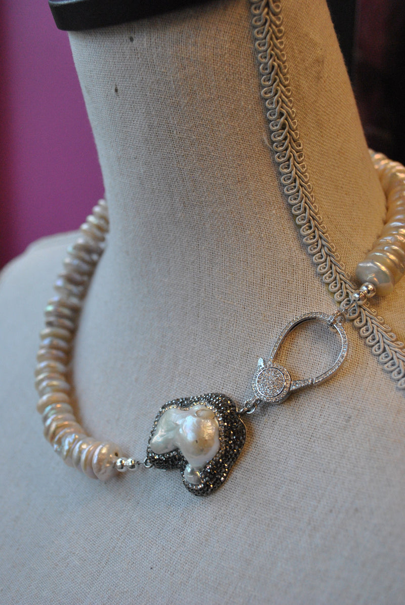 MOTHER OF PEARLS AND COIN FRESHWATER PEARLS ASYMMETRIC STATEMENT NECKLACE