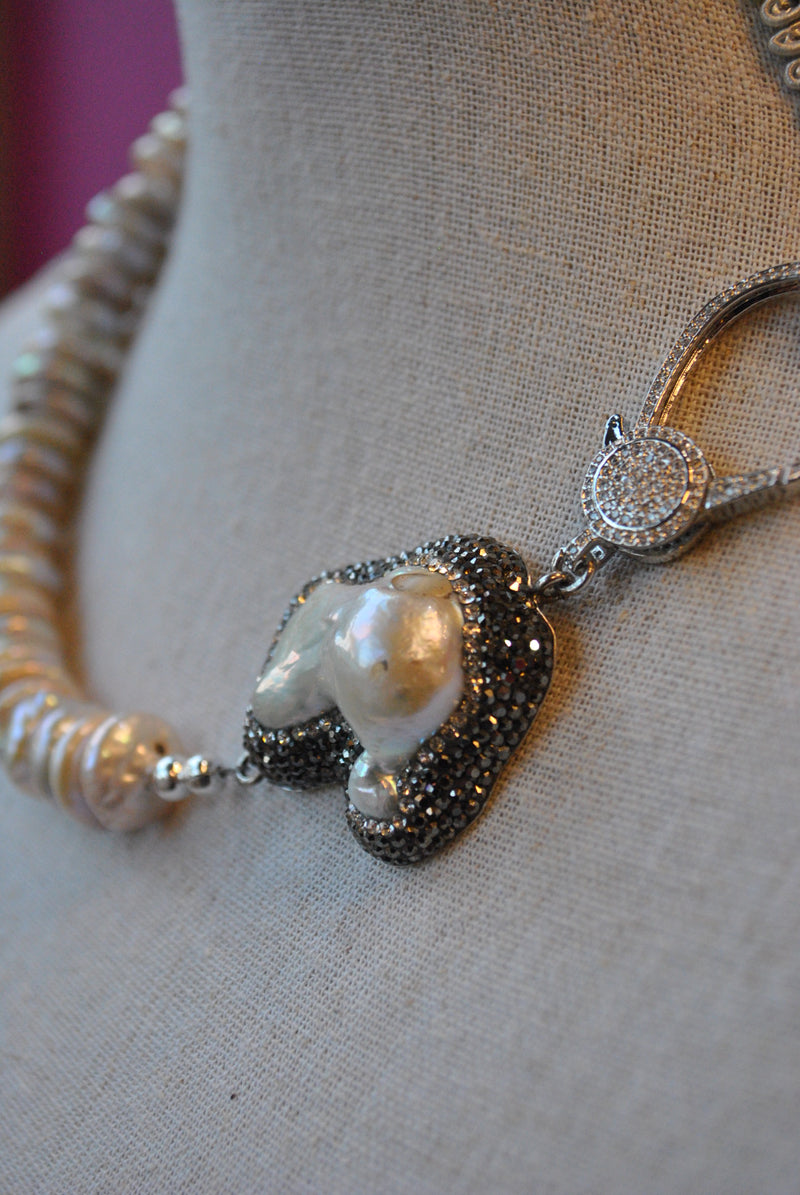 MOTHER OF PEARLS AND COIN FRESHWATER PEARLS ASYMMETRIC STATEMENT NECKLACE