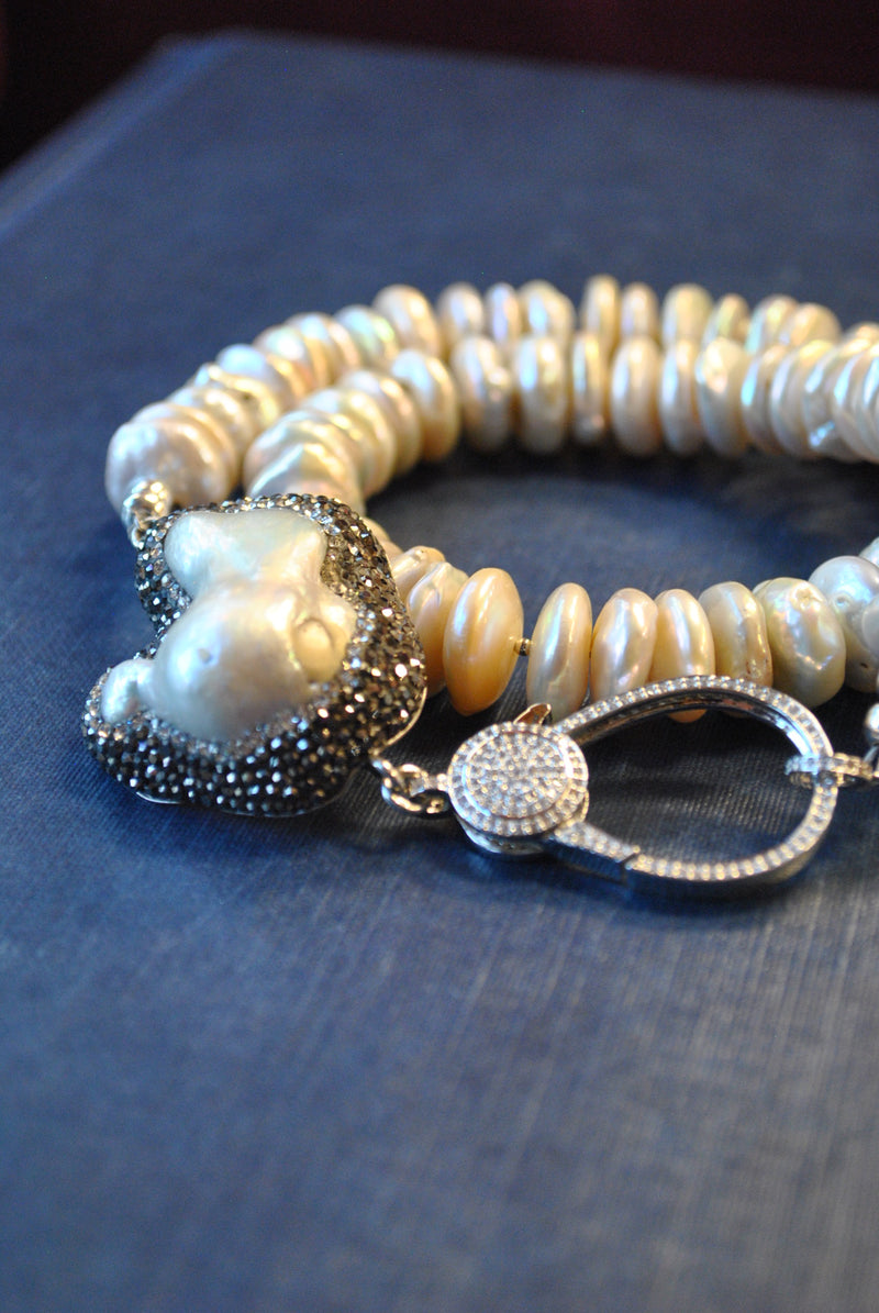 MOTHER OF PEARLS AND COIN FRESHWATER PEARLS ASYMMETRIC STATEMENT NECKLACE