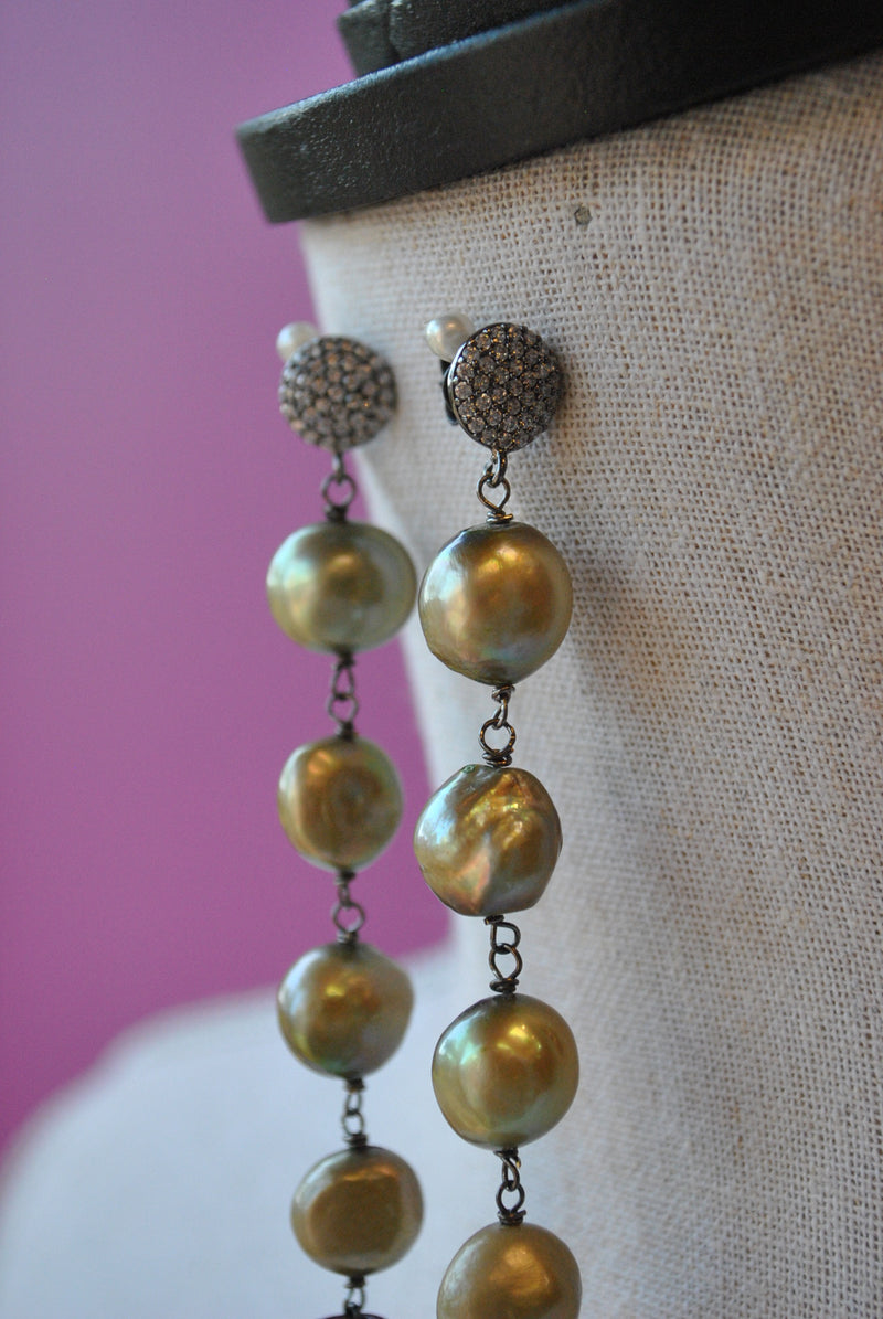 OLIVE FRESHWATER PEARLS LONG STATEMENT EARRINGS
