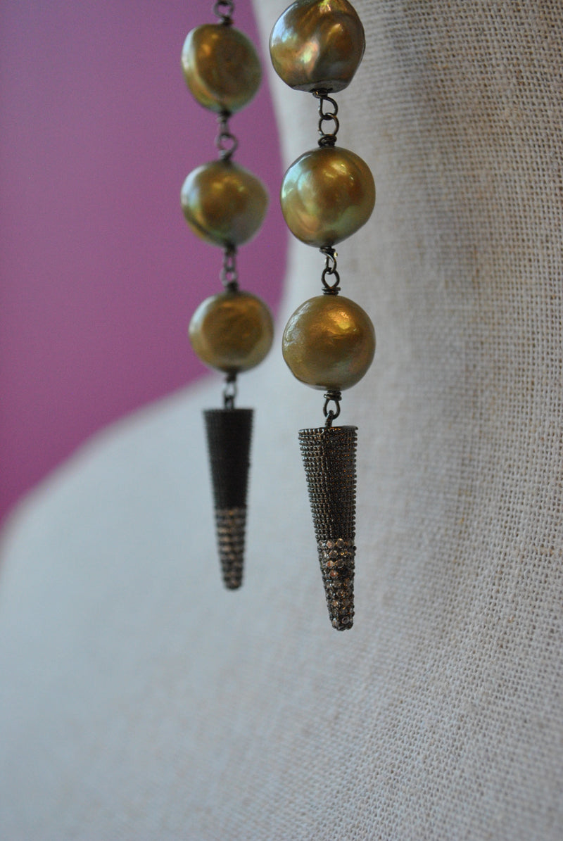 OLIVE FRESHWATER PEARLS LONG STATEMENT EARRINGS