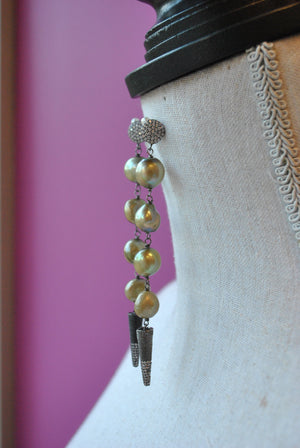 OLIVE FRESHWATER PEARLS LONG STATEMENT EARRINGS