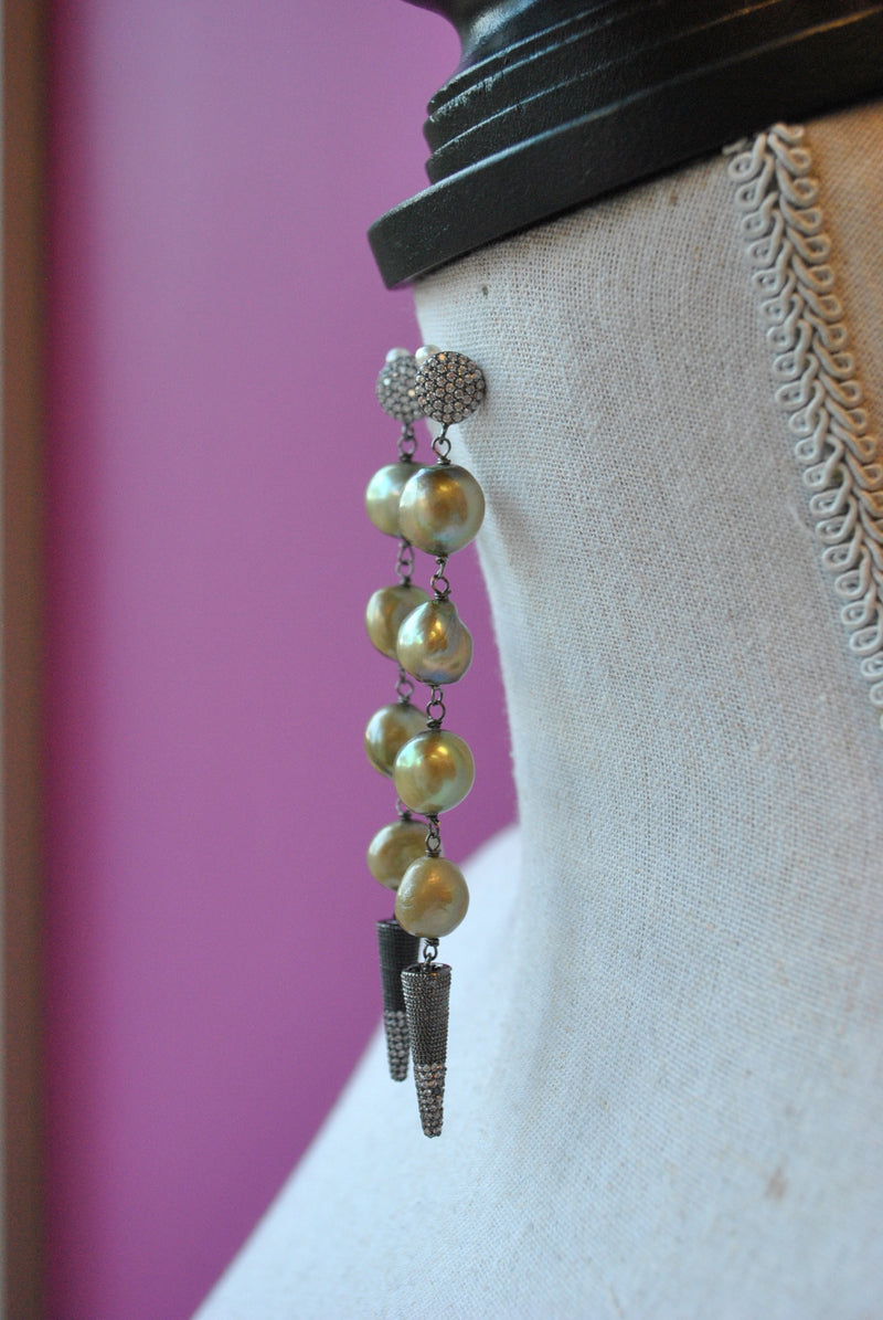 OLIVE FRESHWATER PEARLS LONG STATEMENT EARRINGS