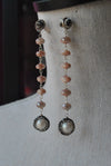 PEACH MOONSTONES WHITE PEARLS AND SWAROVSKI CRYSTALS LONG STATEMENT EARRINGS