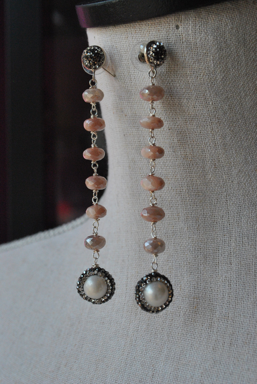 PEACH MOONSTONES WHITE PEARLS AND SWAROVSKI CRYSTALS LONG STATEMENT EARRINGS