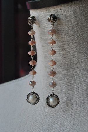PEACH MOONSTONES WHITE PEARLS AND SWAROVSKI CRYSTALS LONG STATEMENT EARRINGS