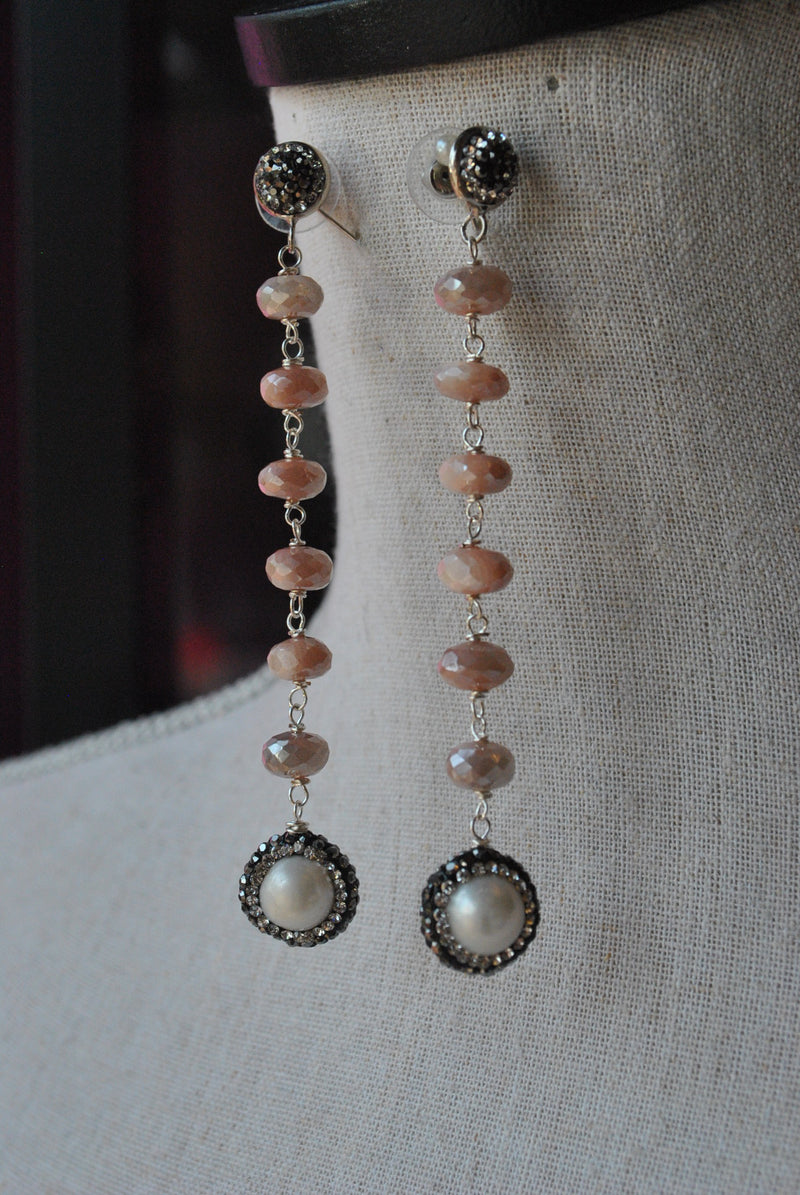 PEACH MOONSTONES WHITE PEARLS AND SWAROVSKI CRYSTALS LONG STATEMENT EARRINGS